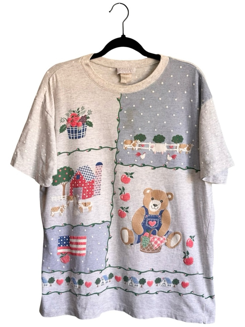 Vintage 80s Spumoni Puff Print Tee Americana Farm Country Bear Cottagecore Read